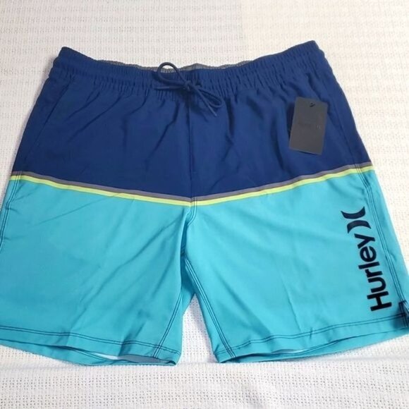 Hurley Aurora Pocketed Graphic Logo 18" Lined Cinched Volley Sz L Swim Short - Picture 1 of 16